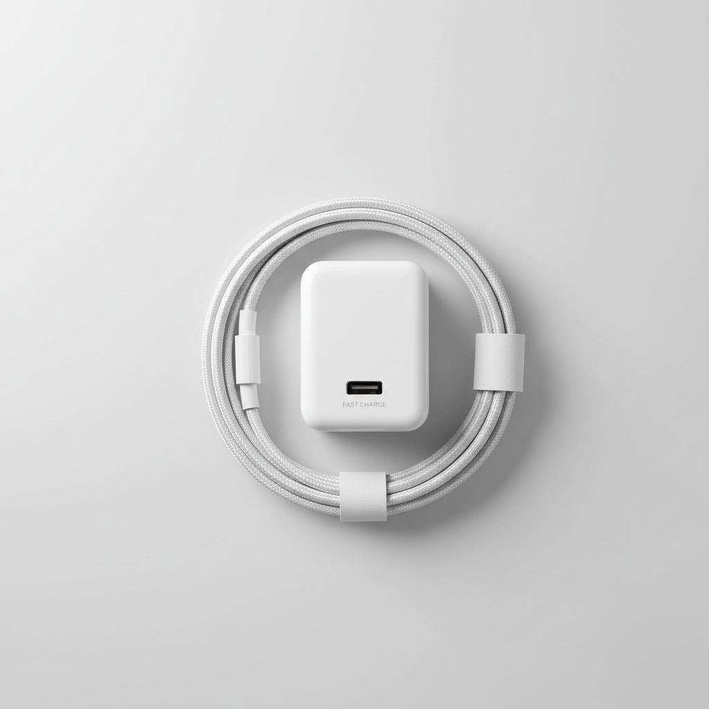 White USB-C fast charger with cable on light grey background