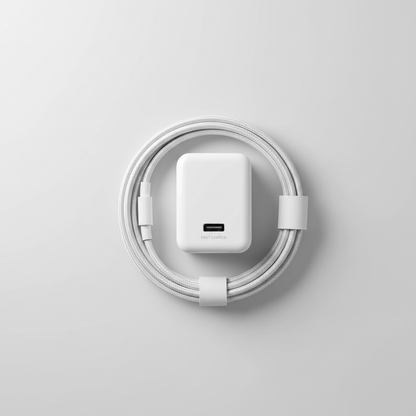 White USB-C fast charger with cable on light grey background