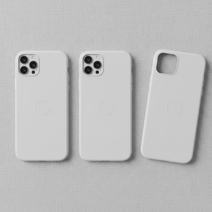 Slim white iPhone case on light grey background