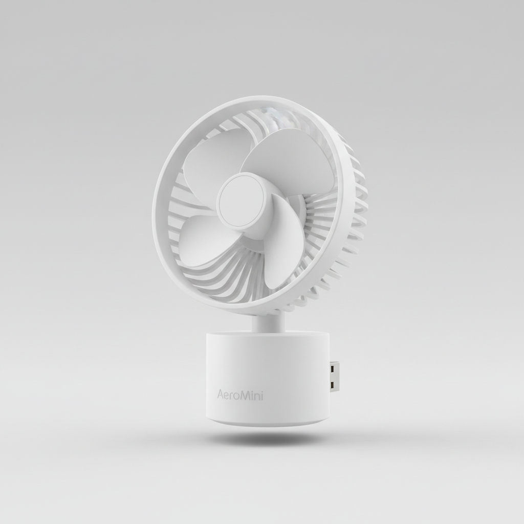 White portable mini USB fan on light grey background
